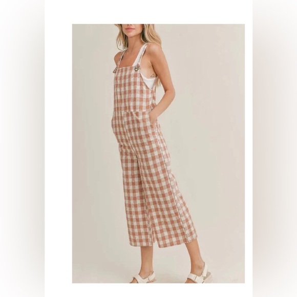 Sadie & Sage Brown and Cream Gingham Jumpsuit with Wide Leg NWT - Picture 2 of 10